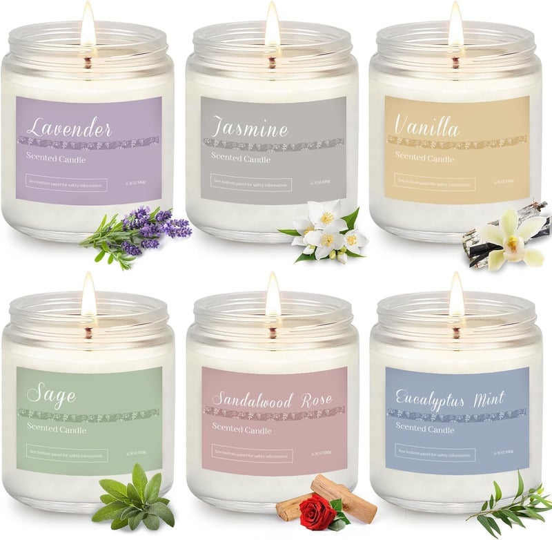 PELN 6 Pack Scented Candles Gift Set, Long Lasting Aromatherapy Candles for Home, 37.8 oz 300 Hour Burn, Lavender Jasmine Vanilla Sage Sandalwood Rose Eucalyptus Mint, Gifts for Women - Image 1