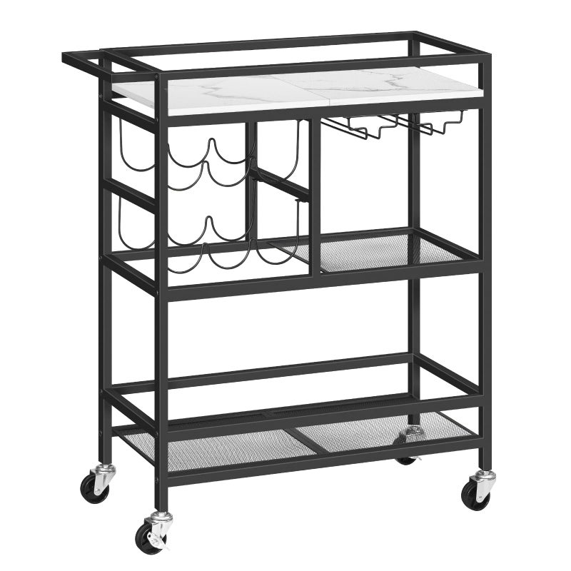MAHANCRIS Bar Cart for Home, 3-Tier Serving Cart with Wheels and Handle, Beverage Cart with Wine Rack and Glass Holders, Rolling Wine Cart for Kitchen, Dining Room, Marble and Black RCHM6101 - Image 1
