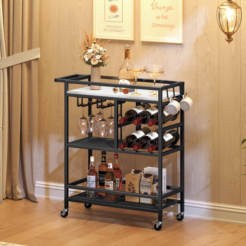MAHANCRIS Bar Cart for Home, 3-Tier Serving Cart with Wheels and Handle, Beverage Cart with Wine Rack and Glass Holders, Rolling Wine Cart for Kitchen, Dining Room, Marble and Black RCHM6101 - Image 5