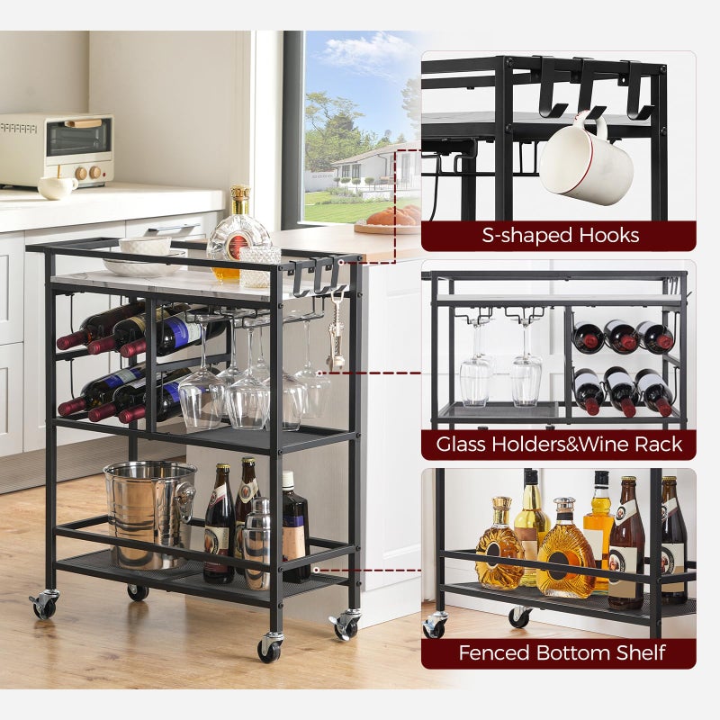 MAHANCRIS Bar Cart for Home, 3-Tier Serving Cart with Wheels and Handle, Beverage Cart with Wine Rack and Glass Holders, Rolling Wine Cart for Kitchen, Dining Room, Marble and Black RCHM6101 - Image 4