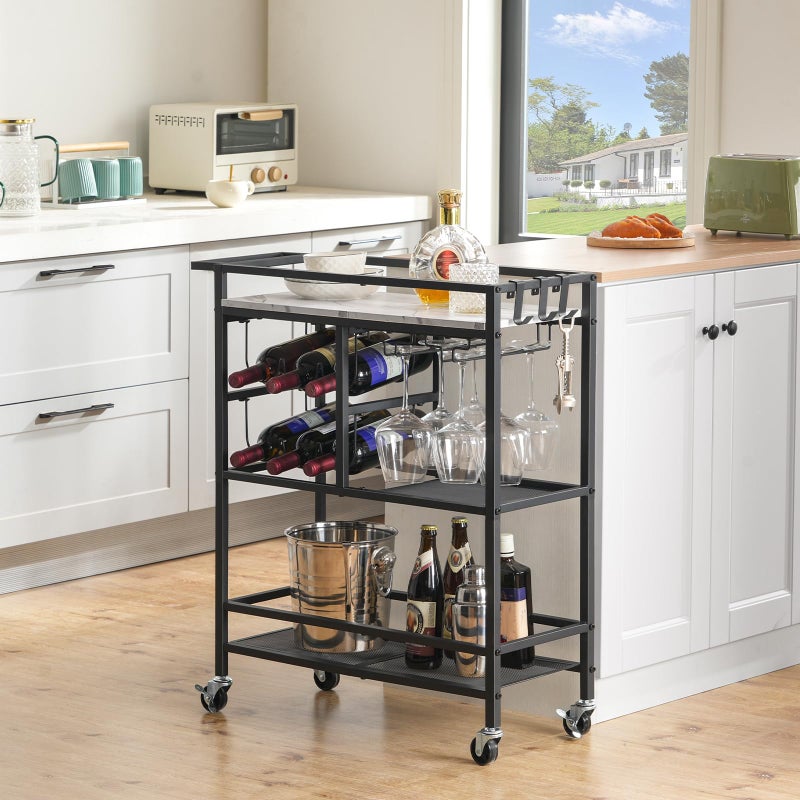 MAHANCRIS Bar Cart for Home, 3-Tier Serving Cart with Wheels and Handle, Beverage Cart with Wine Rack and Glass Holders, Rolling Wine Cart for Kitchen, Dining Room, Marble and Black RCHM6101 - Image 2