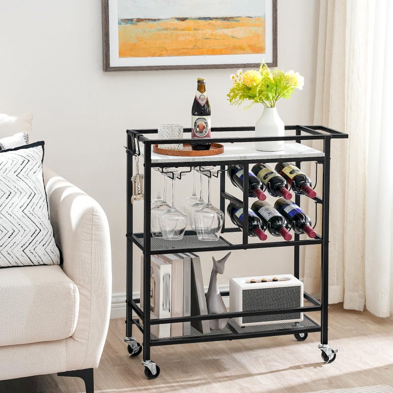 MAHANCRIS Bar Cart for Home, 3-Tier Serving Cart with Wheels and Handle, Beverage Cart with Wine Rack and Glass Holders, Rolling Wine Cart for Kitchen, Dining Room, Marble and Black RCHM6101 - Image 3