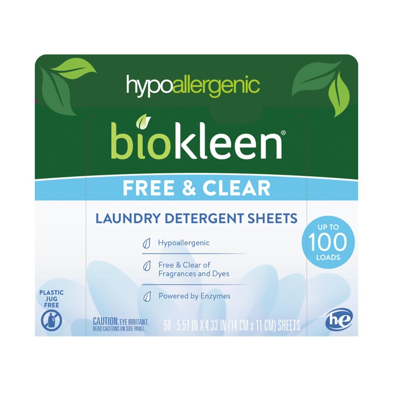 Biokleen Laundry Detergent Sheets - Dye & Fragrance Free, Hypoallergenic, Enzymatic Cleaner, Stain Remover, Bio Active Formula, No Plastic Jug, Unscented, 100 Loads - Image 1