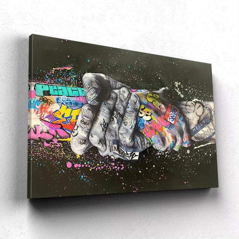 Mistyefly Graffiti Wall Art Handshake Colorful Wall Art Graffiti Canvas Wall Art Pop Culture Wall Art Graffiti Canvas Graffiti Wall Decor Art Classic Street for Living Room Bedroom Decor (16''Hx24''W) - Image 2