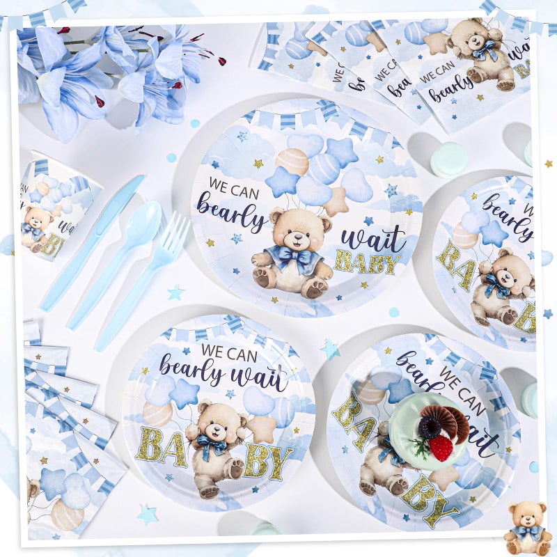 NatNarr 175 Pcs Bear Baby Shower Plates and Napkins, 25 Guest We Can Bearly Wait Baby Shower Decorations Inlcude Baby Boy Showers Plates Napkins Cups Plastic Cuterly for Birthday, Bear Babys Party - Image 4