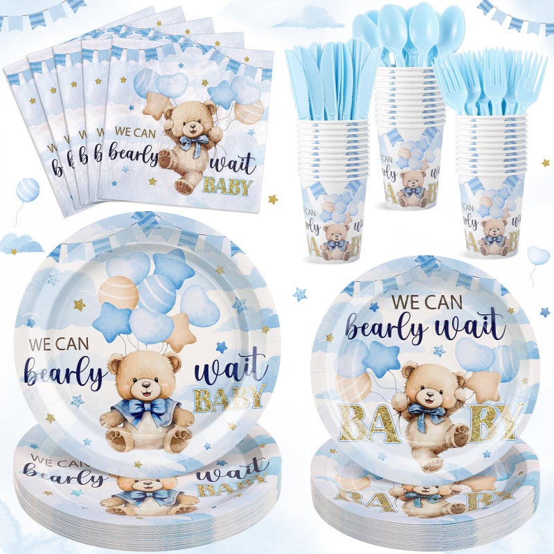 NatNarr 175 Pcs Bear Baby Shower Plates and Napkins, 25 Guest We Can Bearly Wait Baby Shower Decorations Inlcude Baby Boy Showers Plates Napkins Cups Plastic Cuterly for Birthday, Bear Babys Party - Image 1