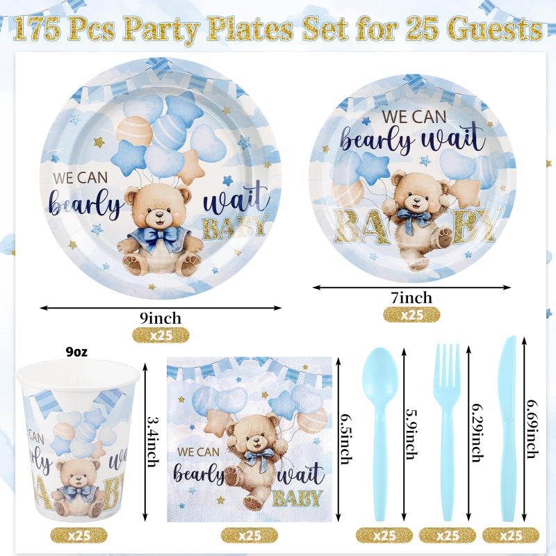 NatNarr 175 Pcs Bear Baby Shower Plates and Napkins, 25 Guest We Can Bearly Wait Baby Shower Decorations Inlcude Baby Boy Showers Plates Napkins Cups Plastic Cuterly for Birthday, Bear Babys Party - Image 2