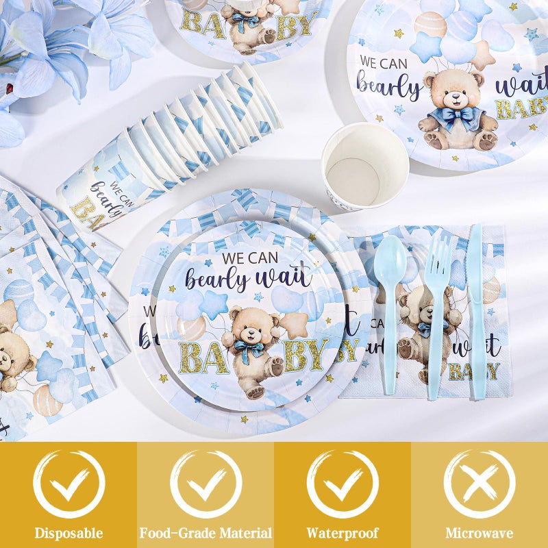 NatNarr 175 Pcs Bear Baby Shower Plates and Napkins, 25 Guest We Can Bearly Wait Baby Shower Decorations Inlcude Baby Boy Showers Plates Napkins Cups Plastic Cuterly for Birthday, Bear Babys Party - Image 3