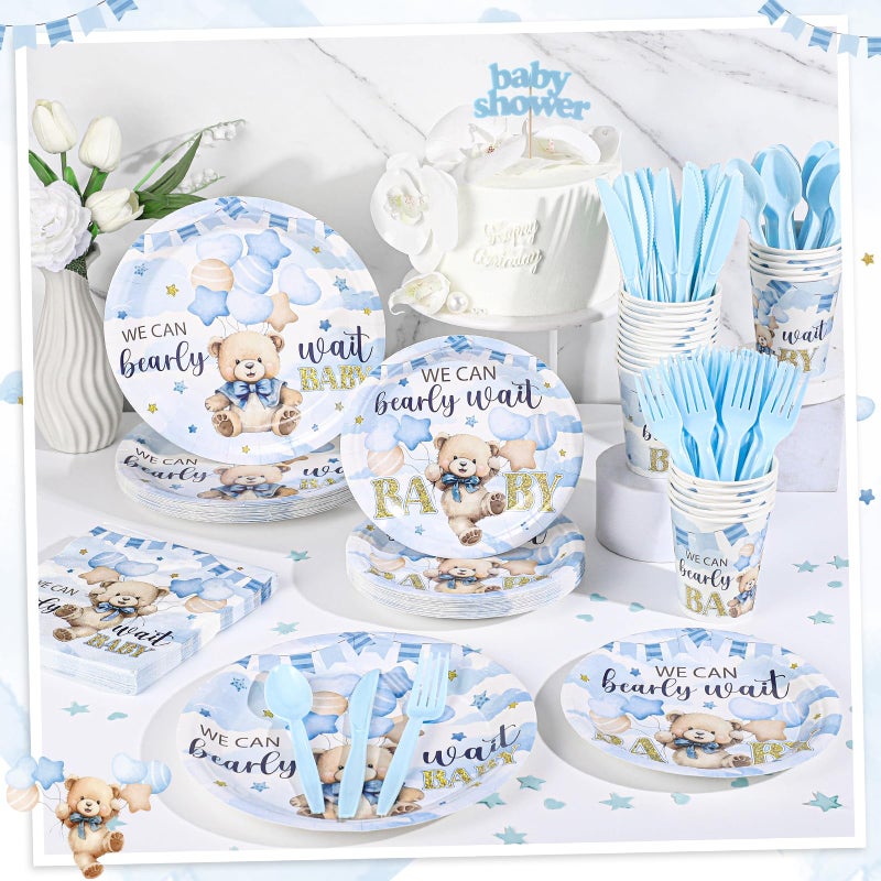 NatNarr 175 Pcs Bear Baby Shower Plates and Napkins, 25 Guest We Can Bearly Wait Baby Shower Decorations Inlcude Baby Boy Showers Plates Napkins Cups Plastic Cuterly for Birthday, Bear Babys Party - Image 5