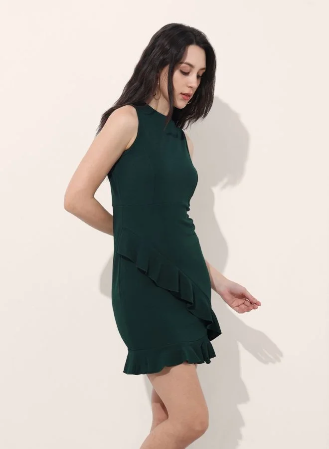 Freehand  Women Regular Fit Solid Round Neck Sleeveless Ruffle Dress for Women | Best Price UAE