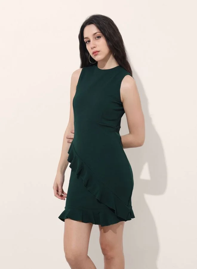 Freehand  Women Regular Fit Solid Round Neck Sleeveless Ruffle Dress for Women | Best Price UAE