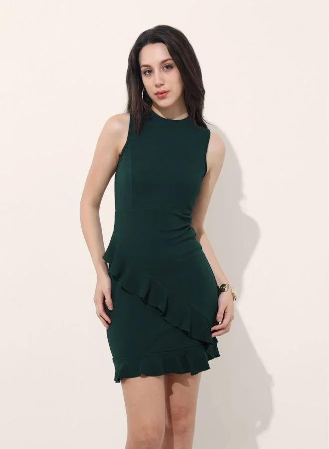 Women Regular Fit Solid Round Neck Sleeveless Ruffle Dress