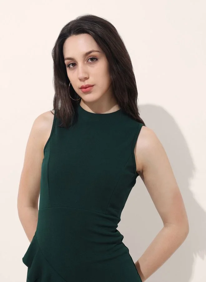 Freehand  Women Regular Fit Solid Round Neck Sleeveless Ruffle Dress for Women | Best Price UAE