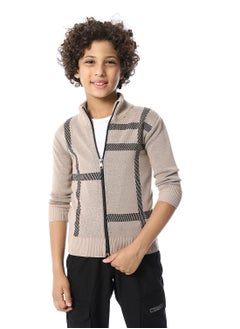 Andora Zip Through Neck Boys Sweater_Buff Beige & Black  - Image 1