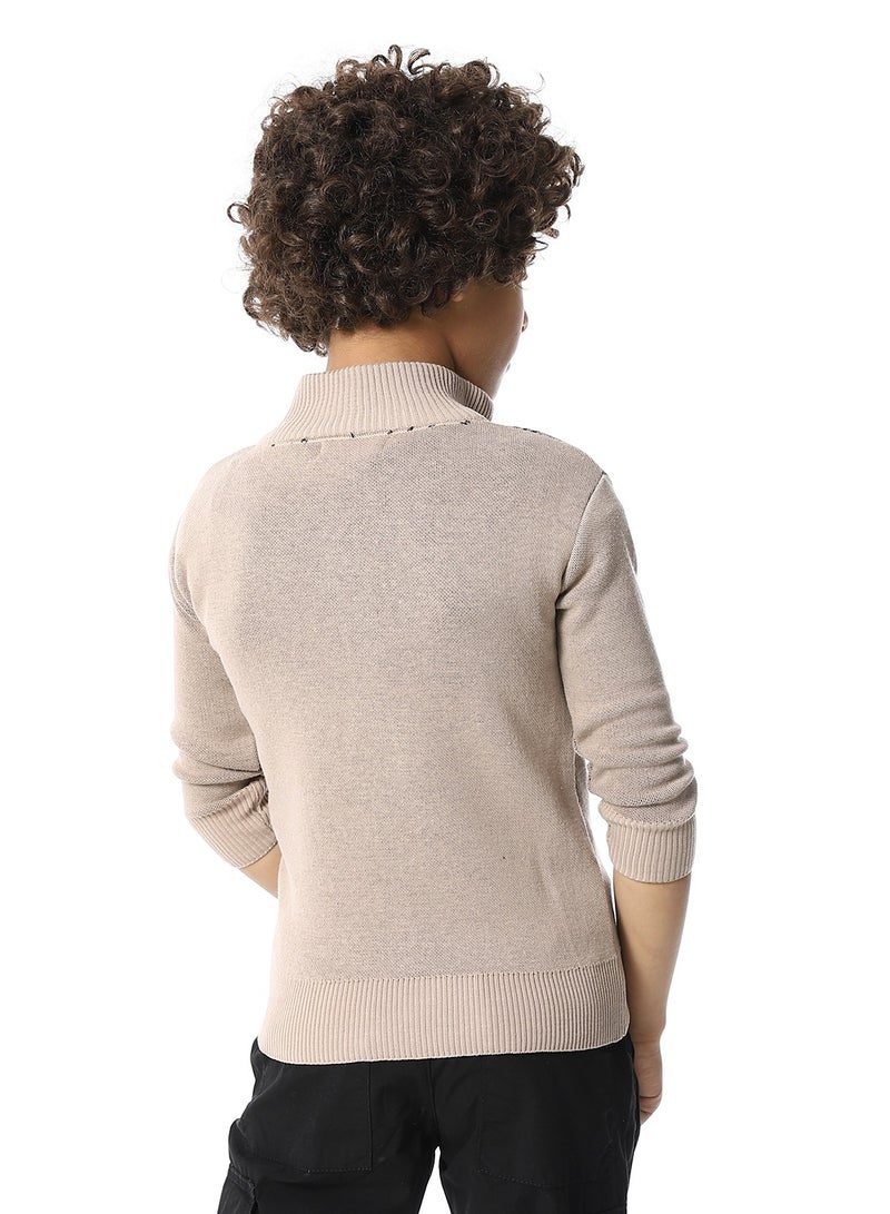 Andora Zip Through Neck Boys Sweater_Buff Beige & Black - Image 3
