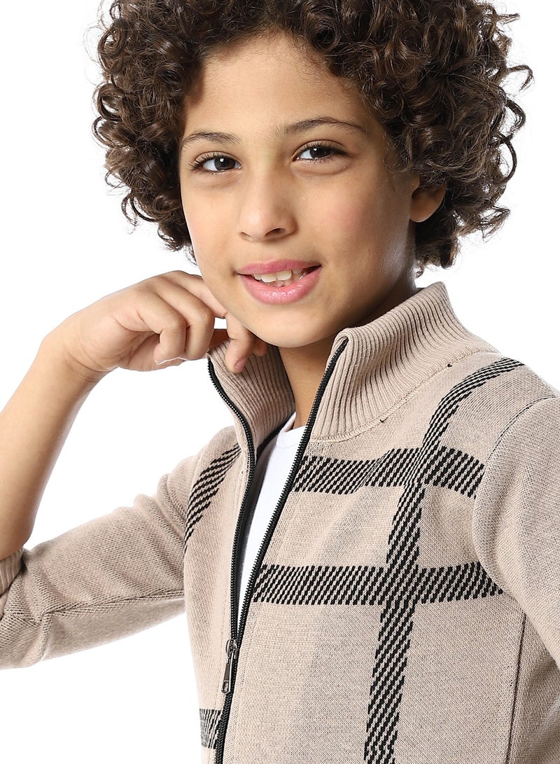 Andora Zip Through Neck Boys Sweater_Buff Beige & Black - Image 4