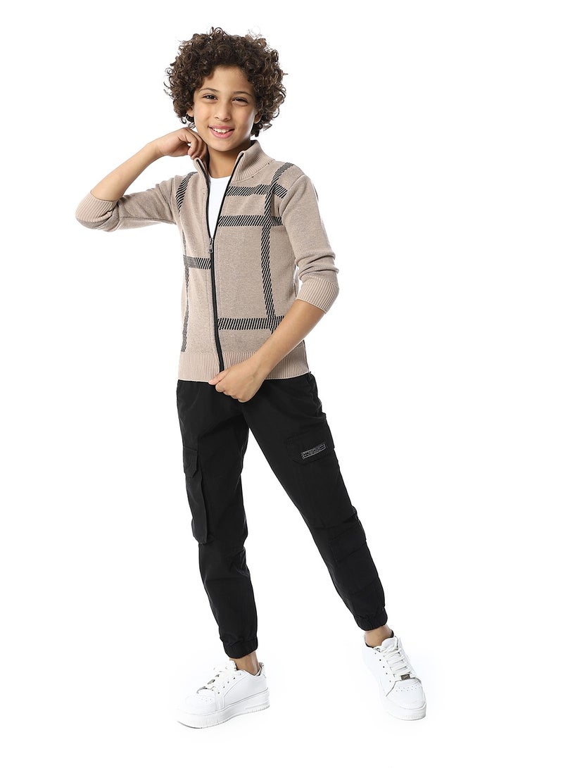 Zip Through Neck Boys Sweater_Buff Beige & Black