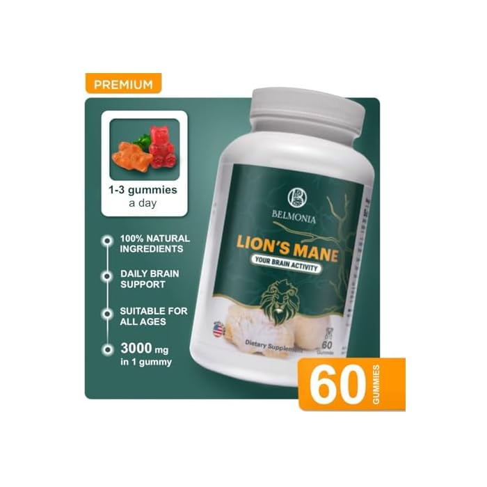Belmonia Lion's Mane Mushroom Gummies, 5400mg per Serving*, Brain Health Supplements for Adults, Cognitive Focus Memory Supplement, 60 Count, Superfood Organic Gummies - Image 3