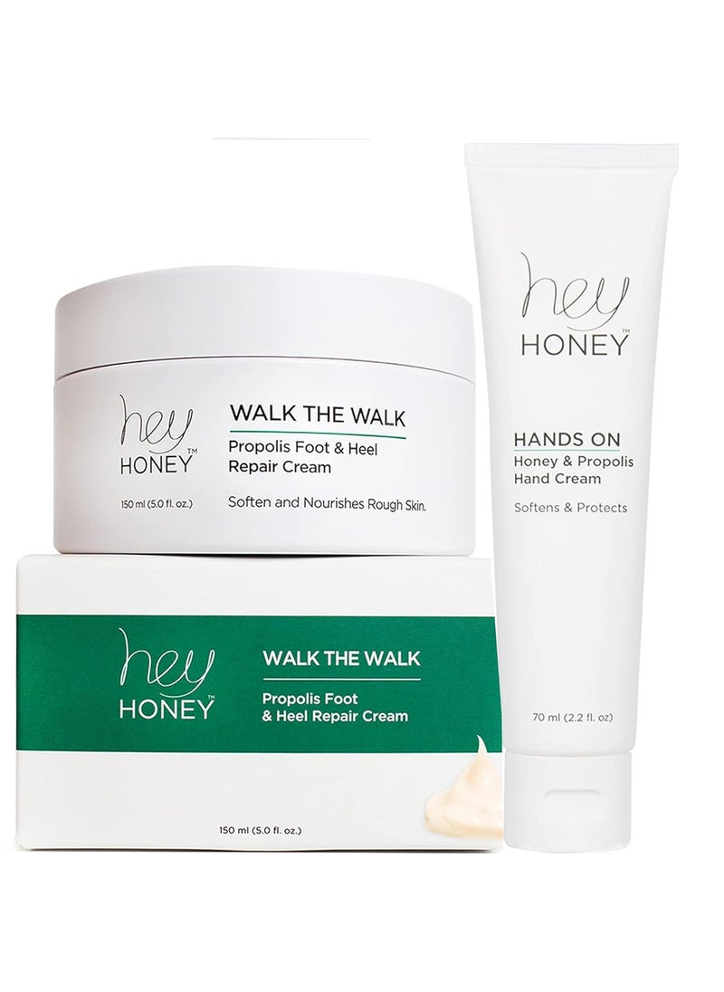 Hey Honey Hey Honey Walk The Walk & Hands On | Hands and Feet Honey & Bee Propolis Treatment Duo | For Soft Hydrated Hands Cracked Elbows Feet and Heels Full Size Items | 7.5 Oz 