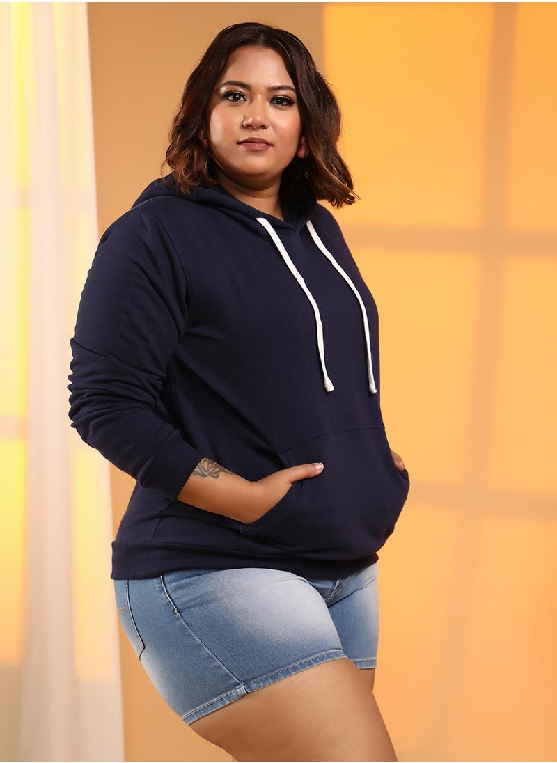 Instafab Plus Women's Navy Blue Solid Pullover Hoodie  - Image 4