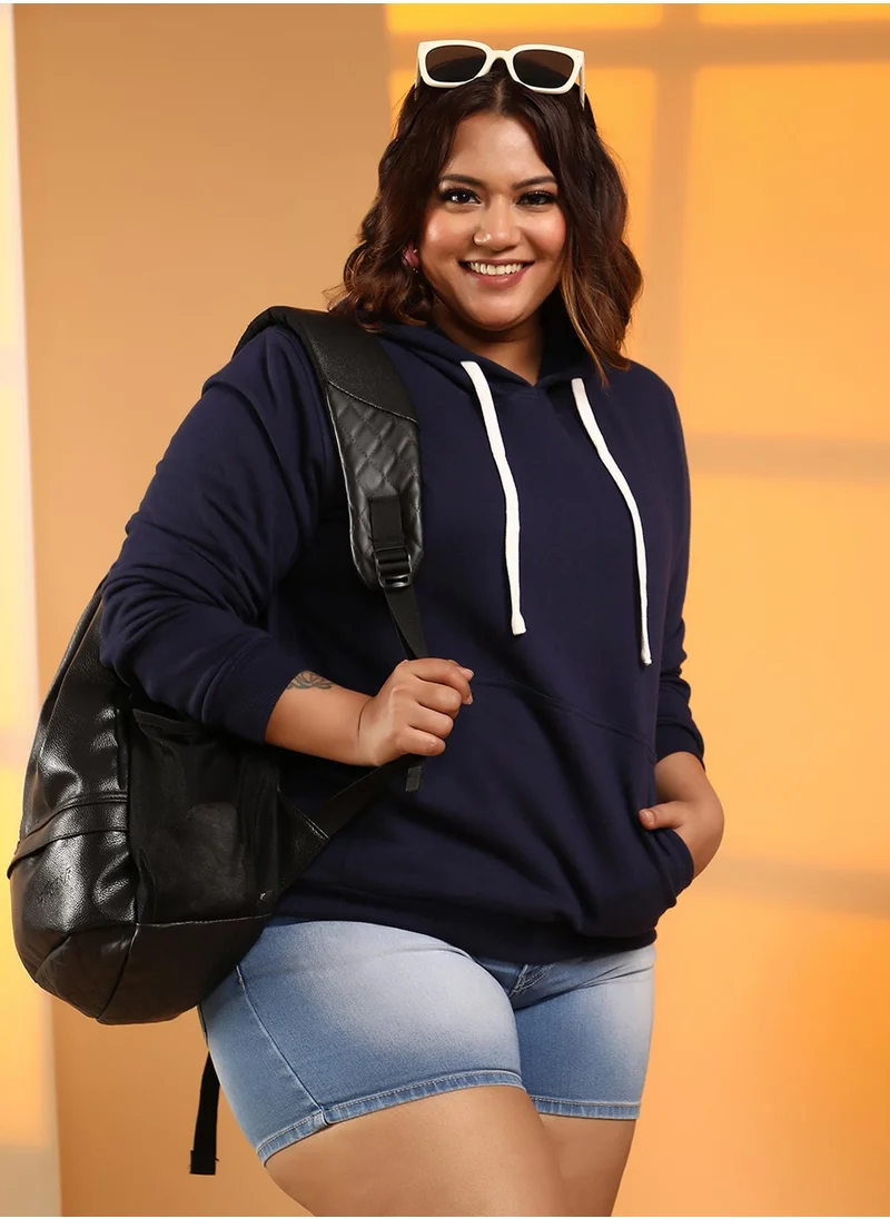 Instafab Plus Women's Navy Blue Solid Pullover Hoodie