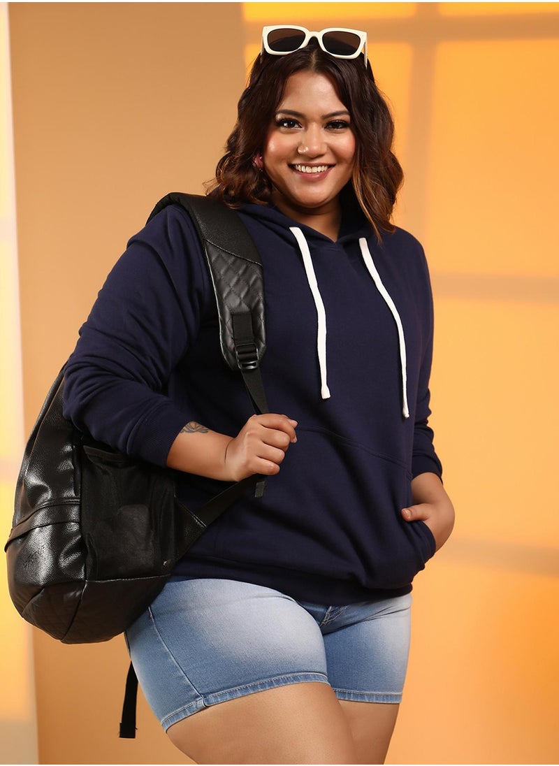 Instafab Plus Women's Navy Blue Solid Pullover Hoodie  - Image 1