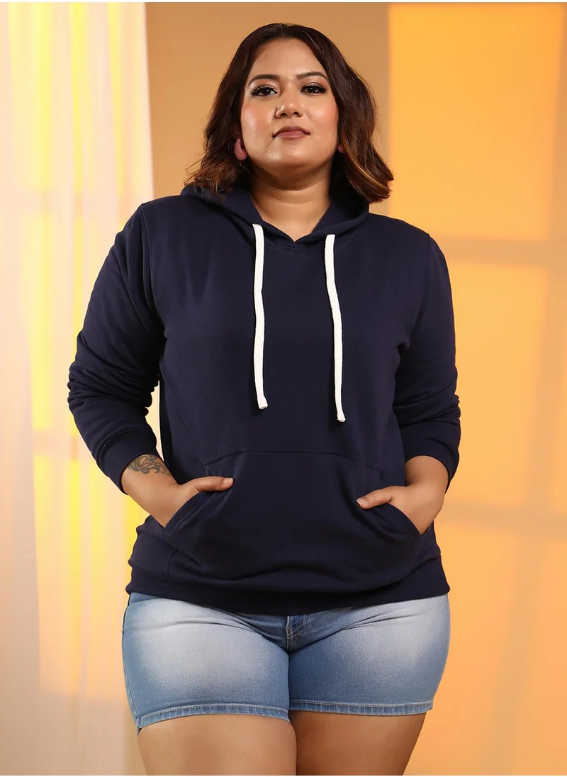 Instafab Plus Women's Navy Blue Solid Pullover Hoodie