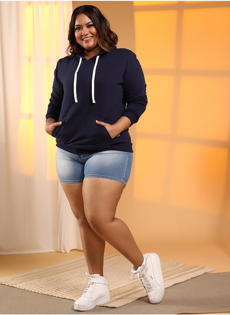 Instafab Plus Women's Navy Blue Solid Pullover Hoodie  - Image 5