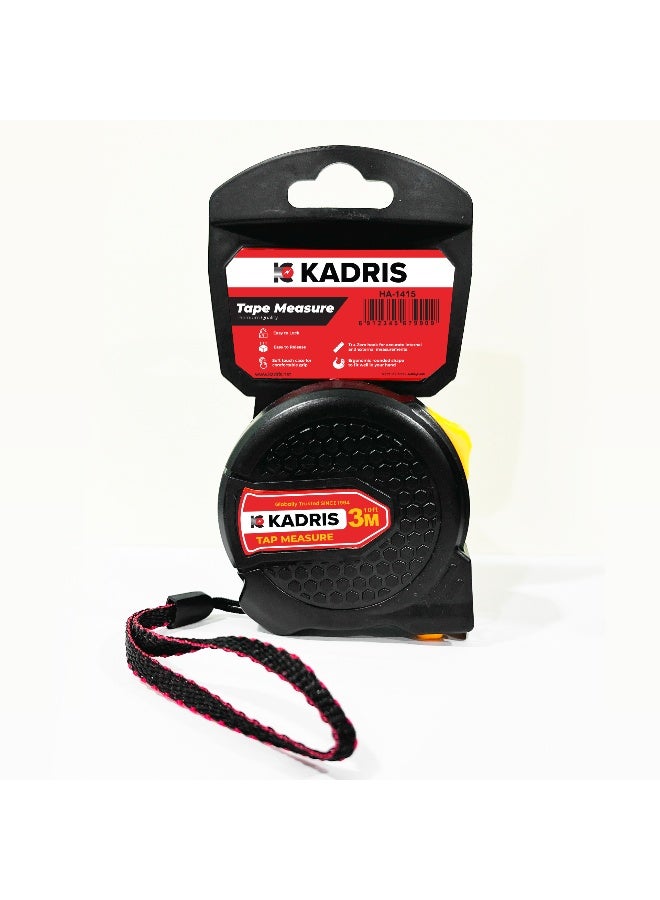 KADRIS شريط قياس ستيل بقفل تلقائي شديد التحمل HA-1415، شريط قياس قابل للسحب بطول 3 متر، قياسات سهلة القراءة بالبوصة والقدم والمتر والسنتيمتر والمليمتر - Image 1