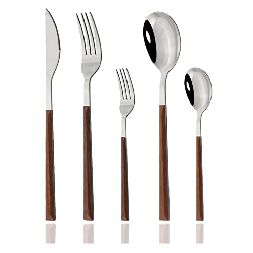 JASHII 30-Piece/6 Sets Wood Flatware Set, Premium Shiny Silver Stainless Steel Cutlery Set, Wooden Square Handle Flatware Dinner Knife Fork Spoon Set, Mirror Polished - Image 1