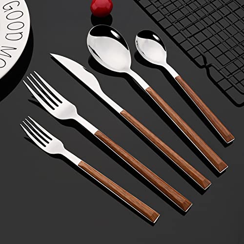 JASHII 30-Piece/6 Sets Wood Flatware Set, Premium Shiny Silver Stainless Steel Cutlery Set, Wooden Square Handle Flatware Dinner Knife Fork Spoon Set, Mirror Polished - Image 2