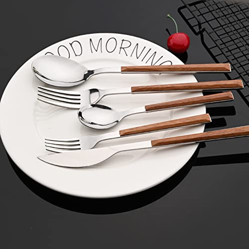 JASHII 30-Piece/6 Sets Wood Flatware Set, Premium Shiny Silver Stainless Steel Cutlery Set, Wooden Square Handle Flatware Dinner Knife Fork Spoon Set, Mirror Polished - Image 3