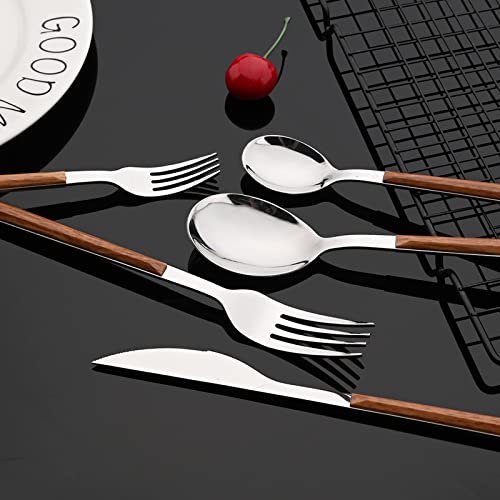 JASHII 30-Piece/6 Sets Wood Flatware Set, Premium Shiny Silver Stainless Steel Cutlery Set, Wooden Square Handle Flatware Dinner Knife Fork Spoon Set, Mirror Polished - Image 5