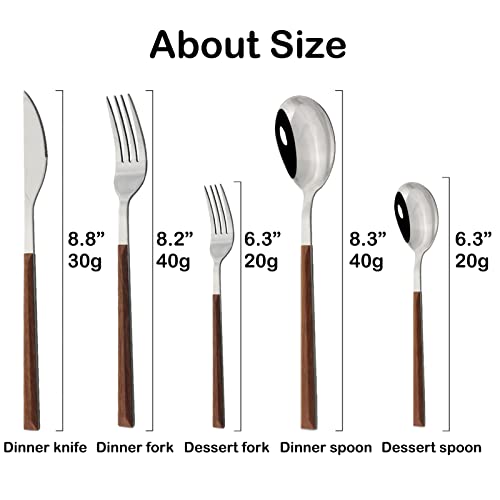 JASHII 30-Piece/6 Sets Wood Flatware Set, Premium Shiny Silver Stainless Steel Cutlery Set, Wooden Square Handle Flatware Dinner Knife Fork Spoon Set, Mirror Polished - Image 4