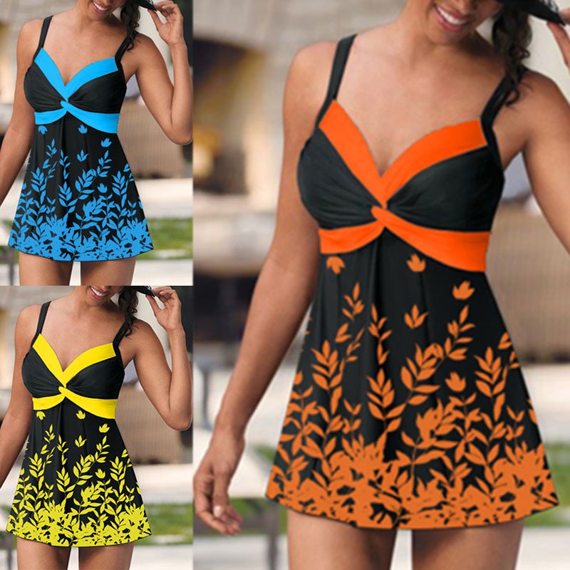 2022 Swimsuit New Tankini Leaves Flower Big Skirt Briefs Swimsuit Split Tankini - Image 2