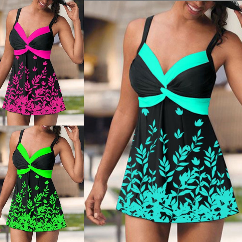 2022 Swimsuit New Tankini Leaves Flower Big Skirt Briefs Swimsuit Split Tankini - Image 4
