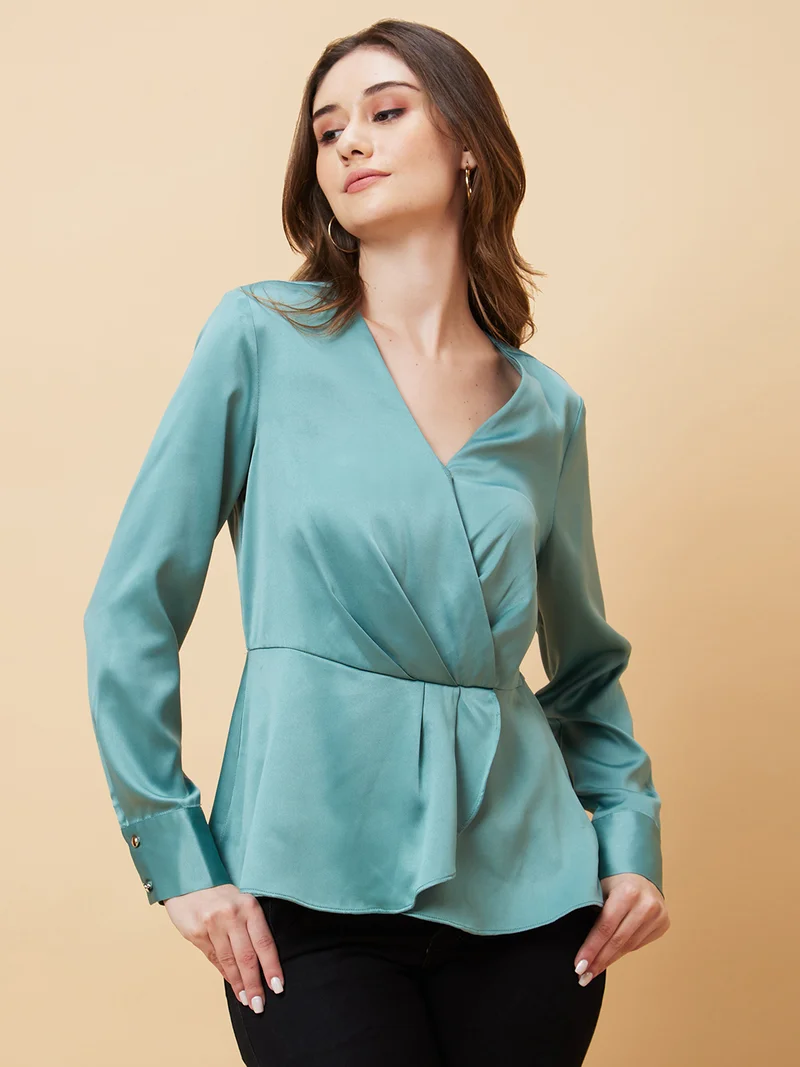 globus Women Long Cuffed Sleeves V Neck Wrap Party Top