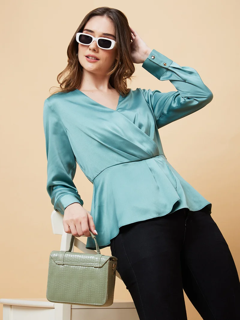 globus Globus Women Long Cuffed Sleeves V Neck Wrap Party Top