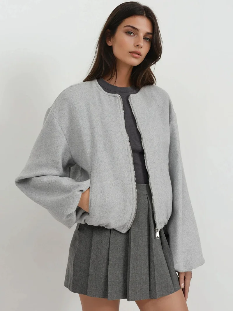 HICCUP Full-Zip Oversized Textured Bomber Jacket