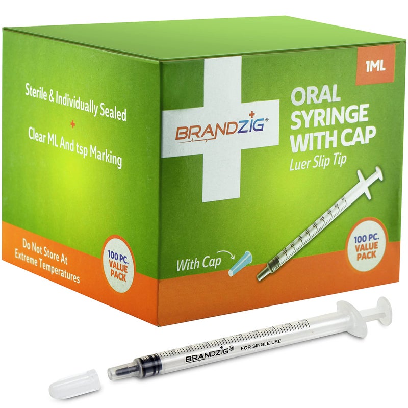 BRANDZIG 1ml Syringe with Cap 100 Pack Oral Dispenser Without Needle Luer Slip Tip Individually Wrapped Medicine Dropper for Infants Pets
