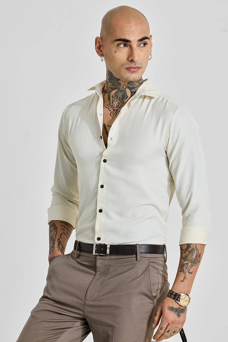 SNITCH Light Ivory Solid Long Sleeve Slim Fit Shirt