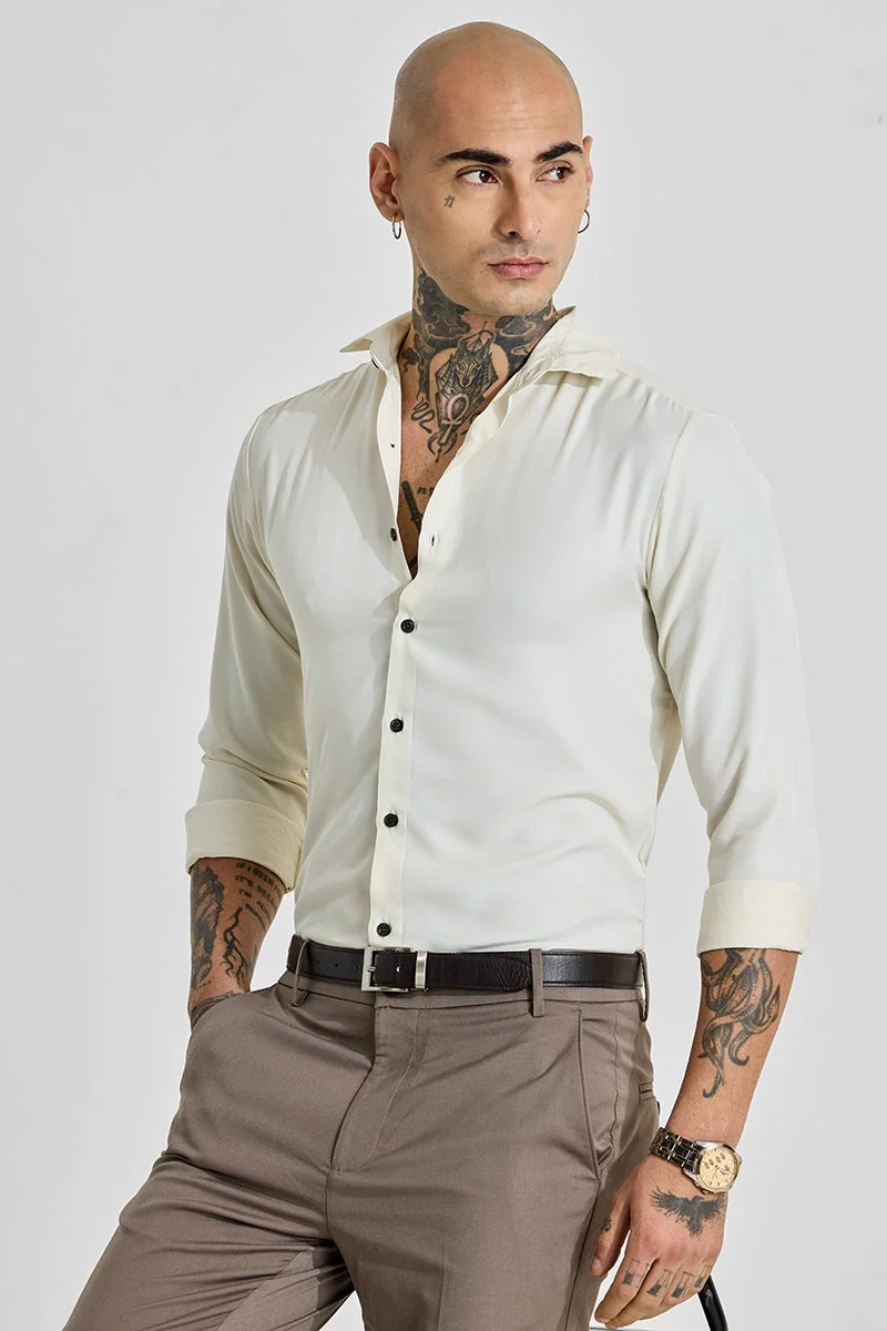 سنيتش Light Ivory Solid Long Sleeve Slim Fit Shirt