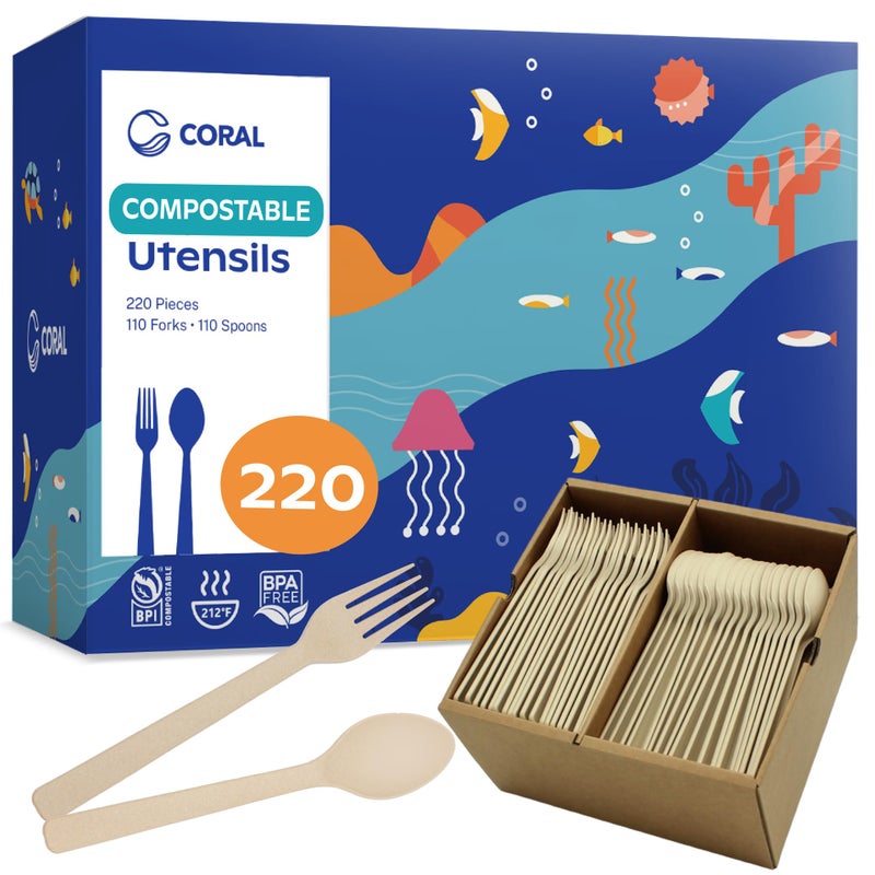 CORAL Light Brown 100% Compostable Spoons & Forks Set - 220 Pieces - No Plastic Cutlery  110 Forks  110 Soup Spoons - Break-Resistant with Smooth Edges  Ocean-Friendly Alternative to Plastic Utensils - Image 1