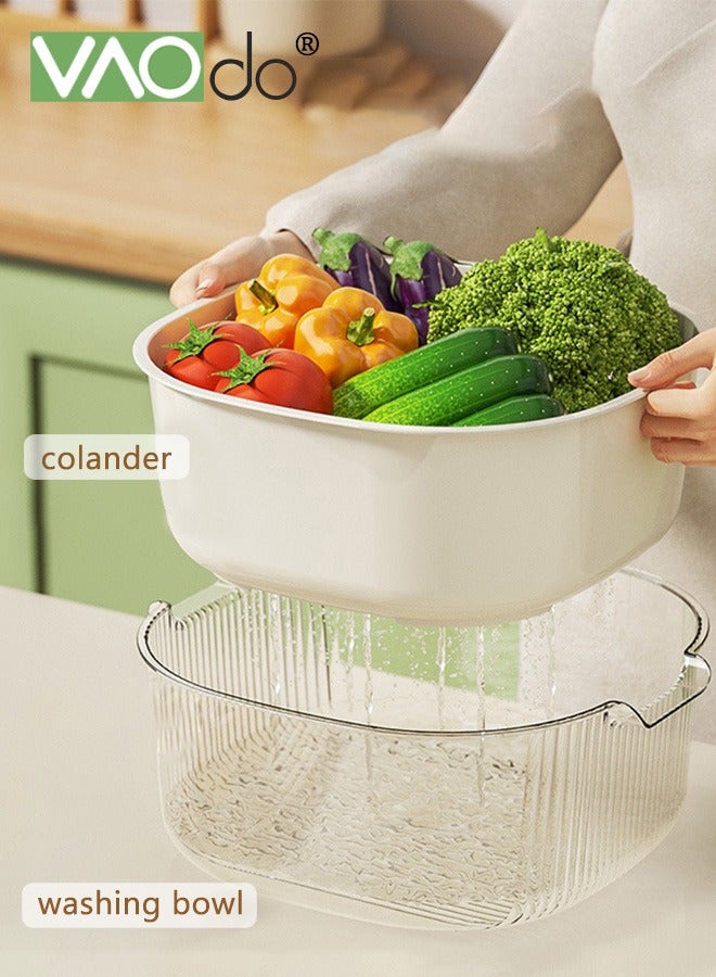 فاو دو ﻿ 3 قطع سلة تصريف مزدوجة الطبقة قابلة للفصل، مصفاة لغسل الفواكه والخضروات، حوض بلاستيكي لعجن الطعام، أدوات مطبخ أساسية، لون أبيض - Image 3