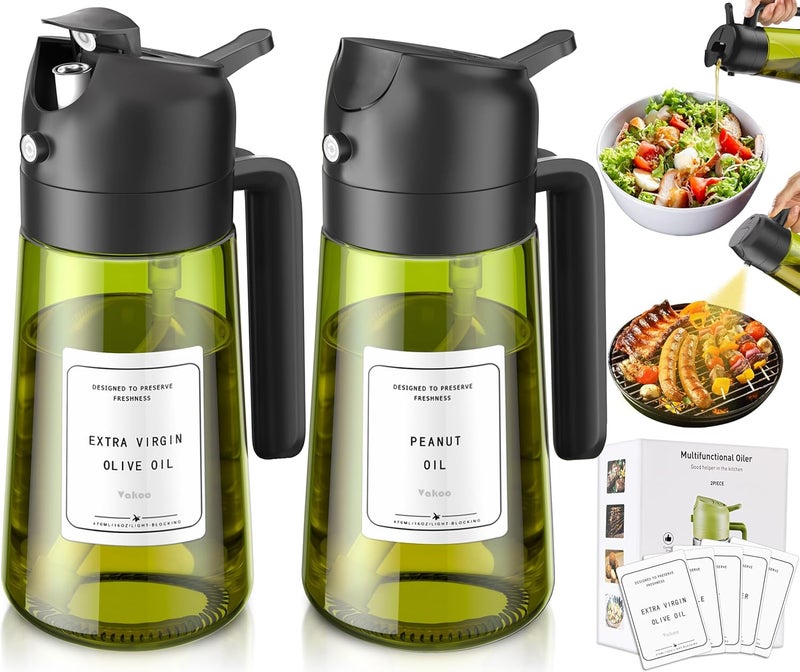 Vakoo 2 in 1 Oil Sprayer and Oil Dispenser for Kitchen - 16oz/470ml Light-Blocking Dark Glass Olive Oil Spray Bottle for Cooking, Air Fryer, Salad & BBQ (Black&Black) - Image 1
