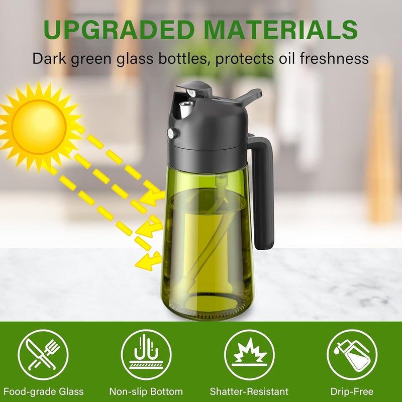 Vakoo 2 in 1 Oil Sprayer and Oil Dispenser for Kitchen - 16oz/470ml Light-Blocking Dark Glass Olive Oil Spray Bottle for Cooking, Air Fryer, Salad & BBQ (Black&Black) - Image 2