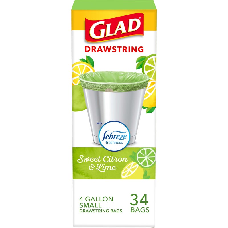Glad Small Kitchen Drawstring Trash Bags, 4 Gallon, Febreze Sweet Citron & Lime, 34 Count - Image 1