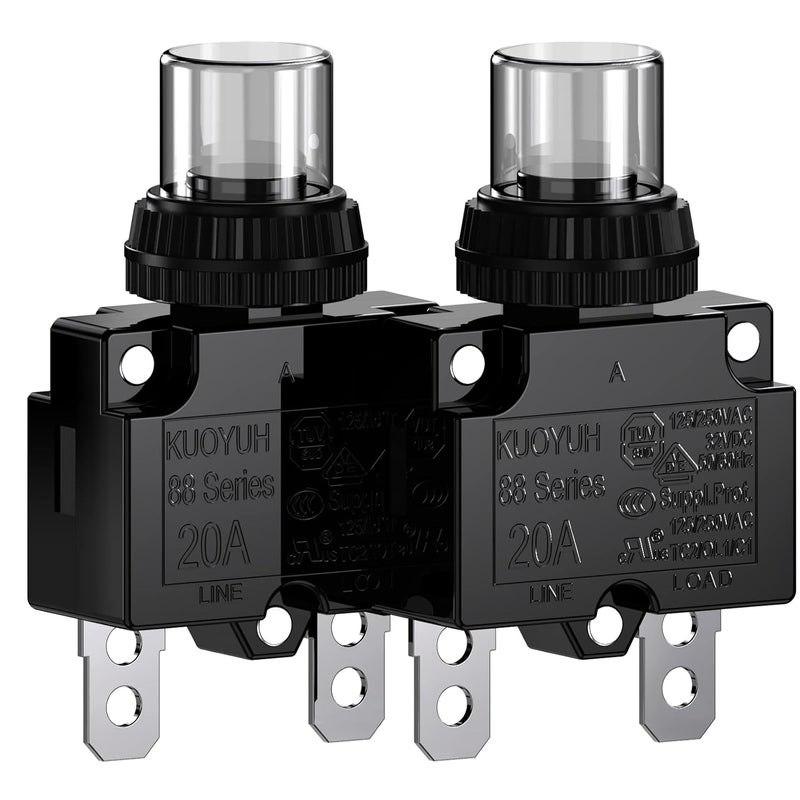 DIYhz قاطع الدائرة الحرارية سلسلة 88 20A 32V DC 125/250VAC 50/60Hz زر إعادة الضبط وزر مقاوم للماء غطاء شفاف 2 قطع - Image 1