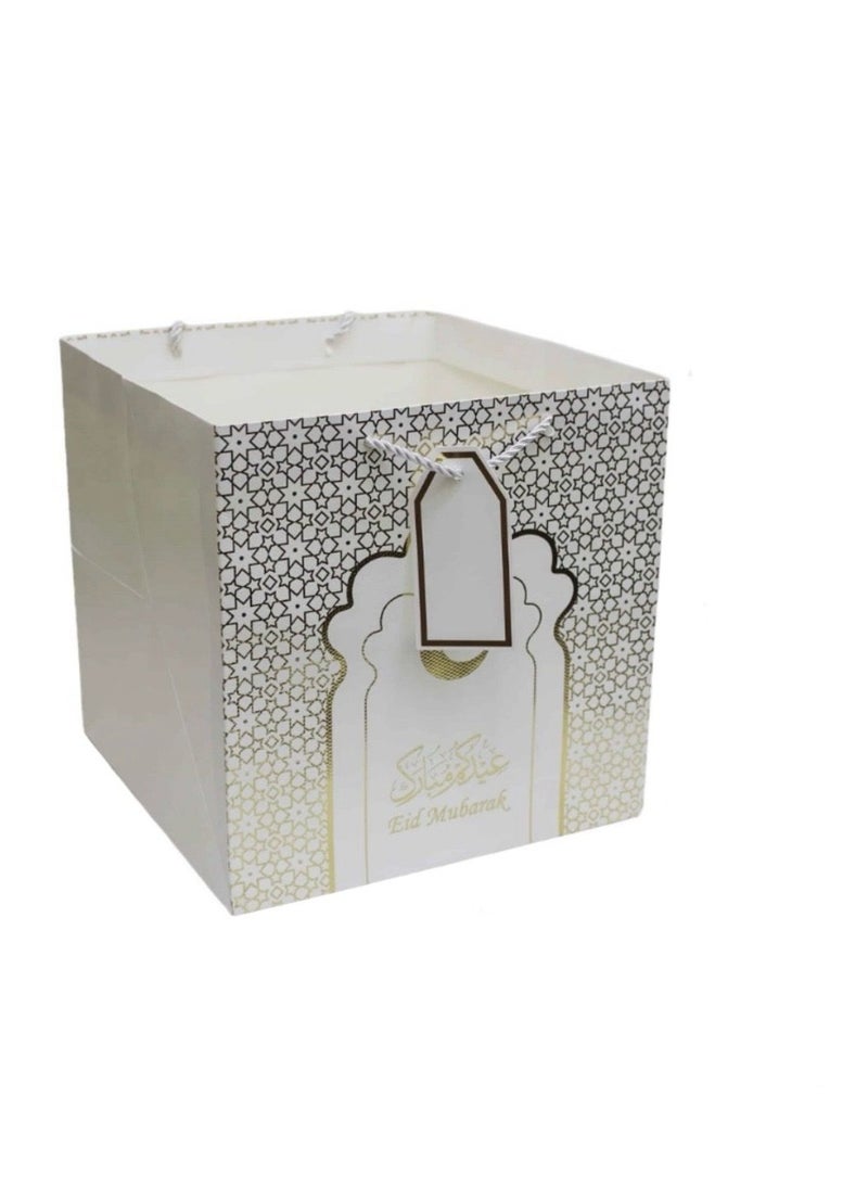 بارتي فن حقيبة هدايا عيد مبارك مع بطاقة - حقيبة هدايا بيضاء كبيرة 25×25×25 سم بمقابض لهدايا العيد، وهدايا رمضان، وتوزيعات الحفلات - Image 1