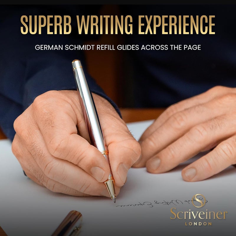 Scriveiner Chrome Rollerball Pen - Stunning Award-Winning Luxury Pen, Schmidt Ink Refill, Best Roller Ball Pen Gift Set for Men & Women, Professional, Executive Office, Nice, Fancy Pens - Image 4